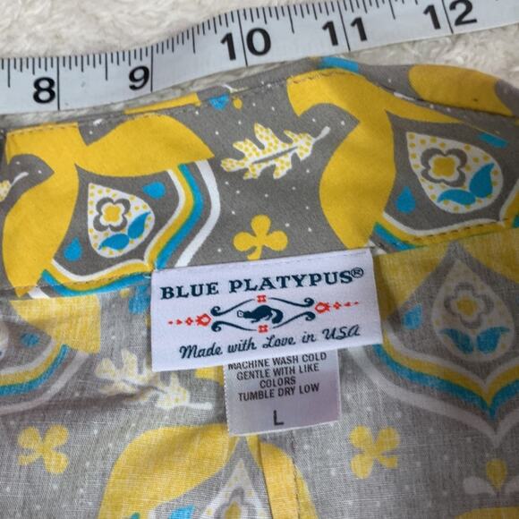 Blue Platypus yellow and grey patterned midi skirt, L B2B1 - Picture 7 of 7